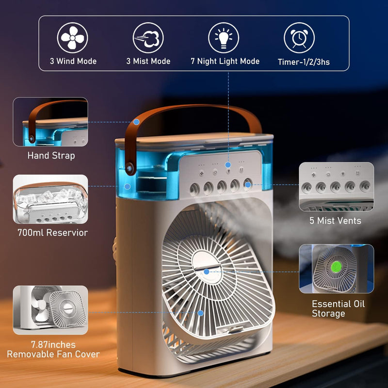 Portable Air Conditioner Fan Large Size Usb Electric Fan With Led Night Light, Fine Mist Water, And Humidifier Function|(random Color)