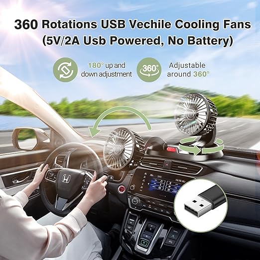 Car Fan Long Neck Double Head Adjustable V Fan For Summer – 360 Degrees Rotatable