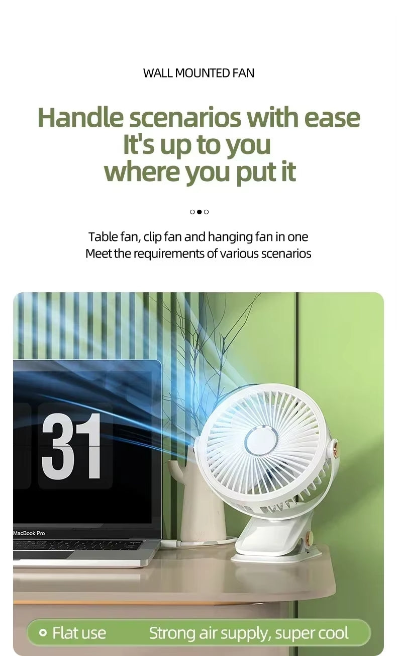 720° Wide Angle Rechargeable Desk Fan with LED