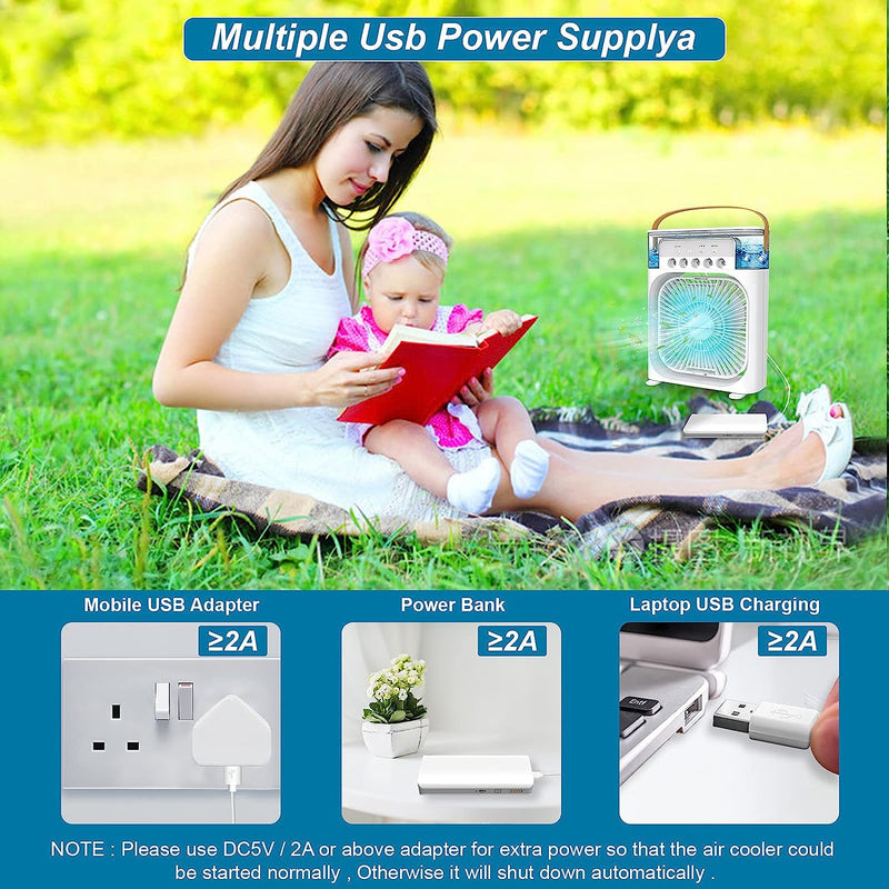 Portable Air Conditioner Fan Large Size Usb Electric Fan With Led Night Light, Fine Mist Water, And Humidifier Function|(random Color)