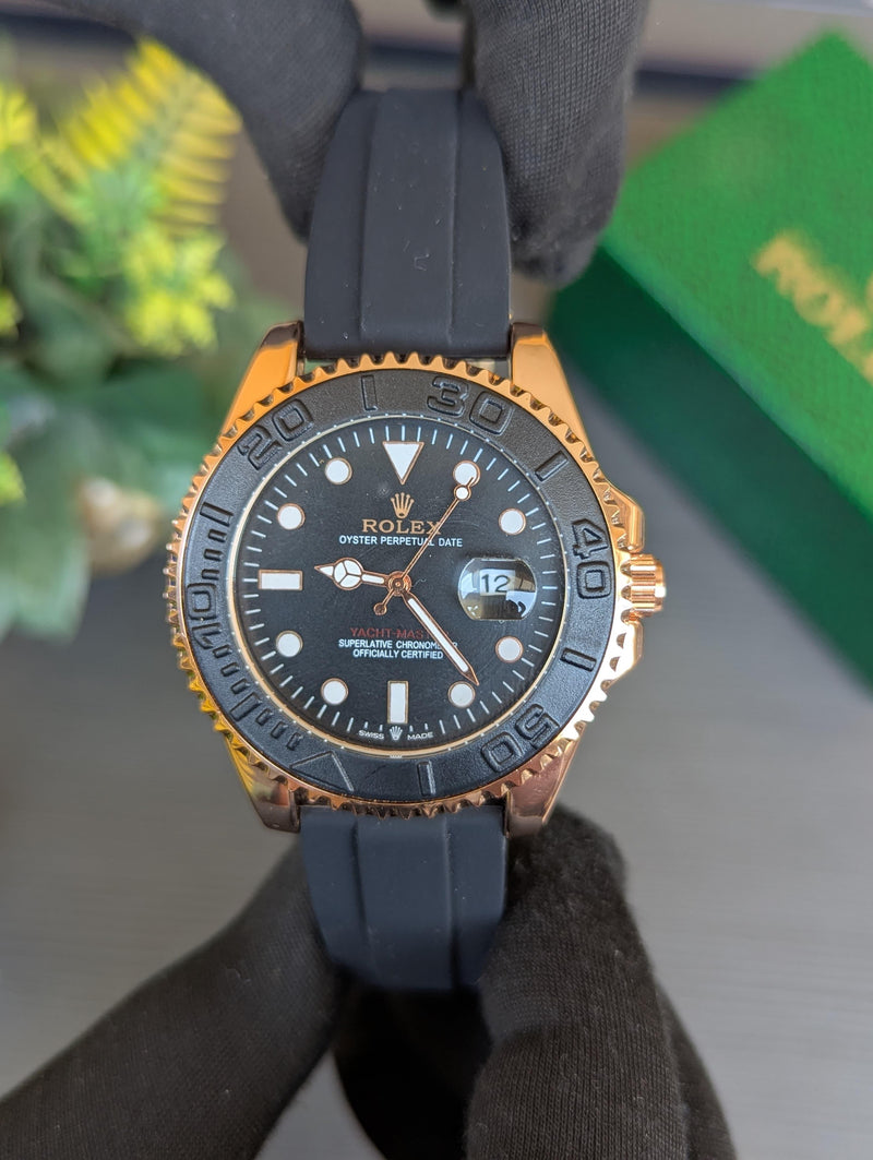 🖤✨ RLX Oyster Flex Strap Watch – Black with Golden Touch ⌚