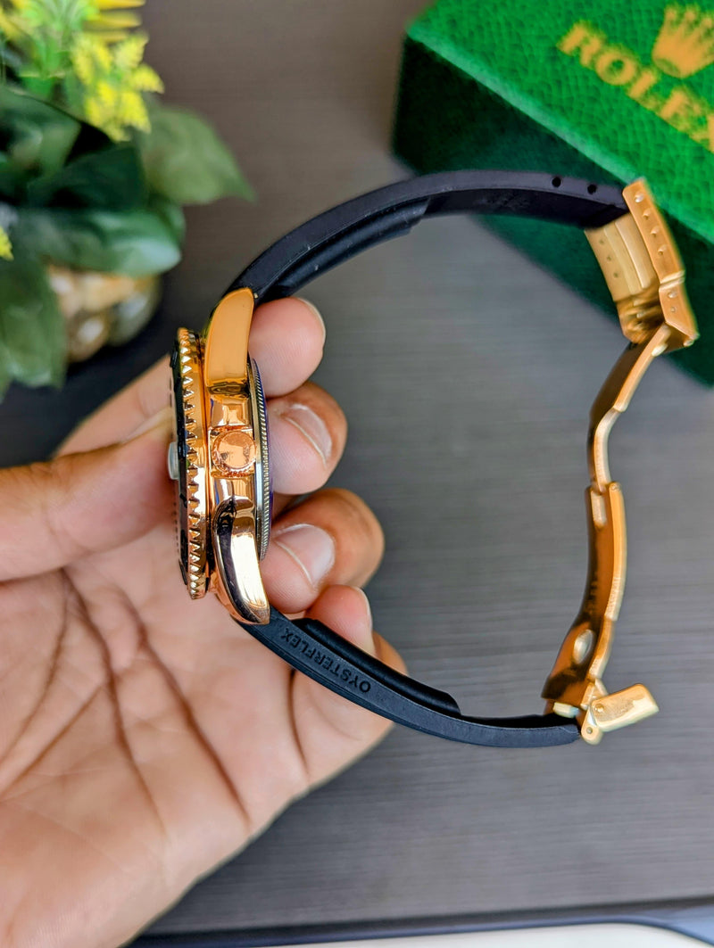 🖤✨ RLX Oyster Flex Strap Watch – Black with Golden Touch ⌚